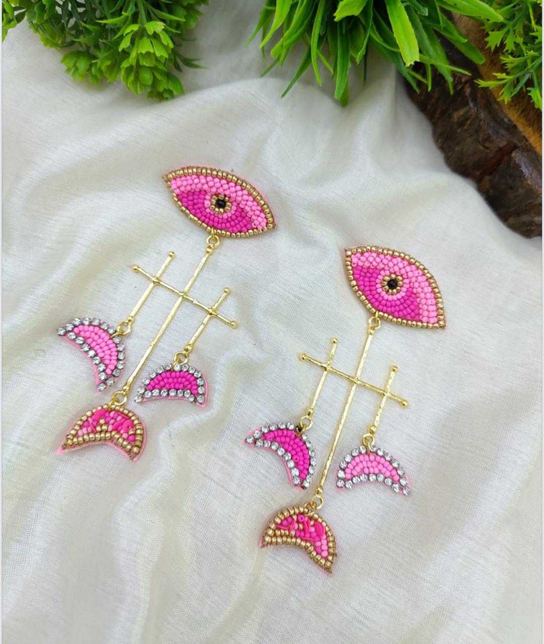 FR Pink Eye Motif Beaded Drop Earrings