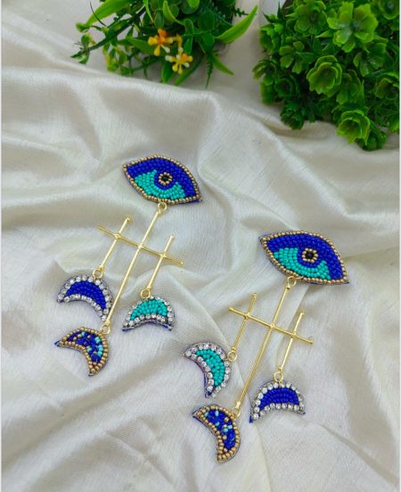 FR Blue Eye Motif Beaded Drop Earrings