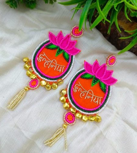 FR Lotus Motif Beaded Drop Earrings with Script Detail