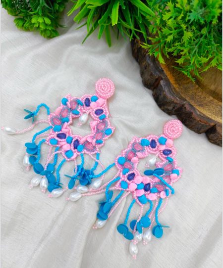 FR Pink and Blue Floral Beaded Tassel Earrings