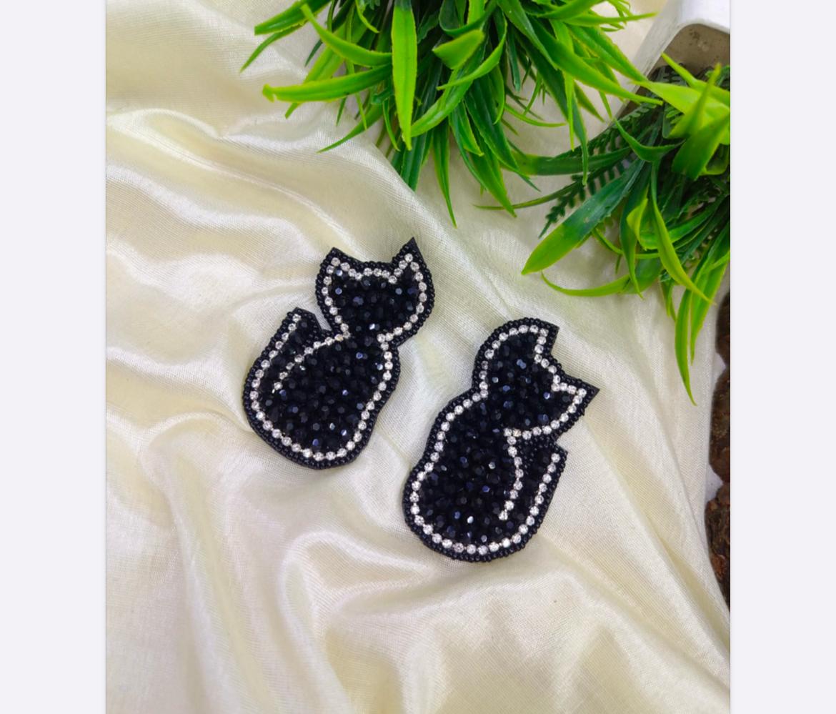 FR Black Bow Beaded Stud Earrings