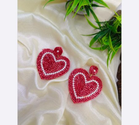 FR Red Heart Beaded Drop Earrings