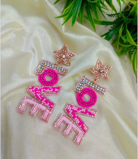 FR Pink Beaded Love Motif Earrings
